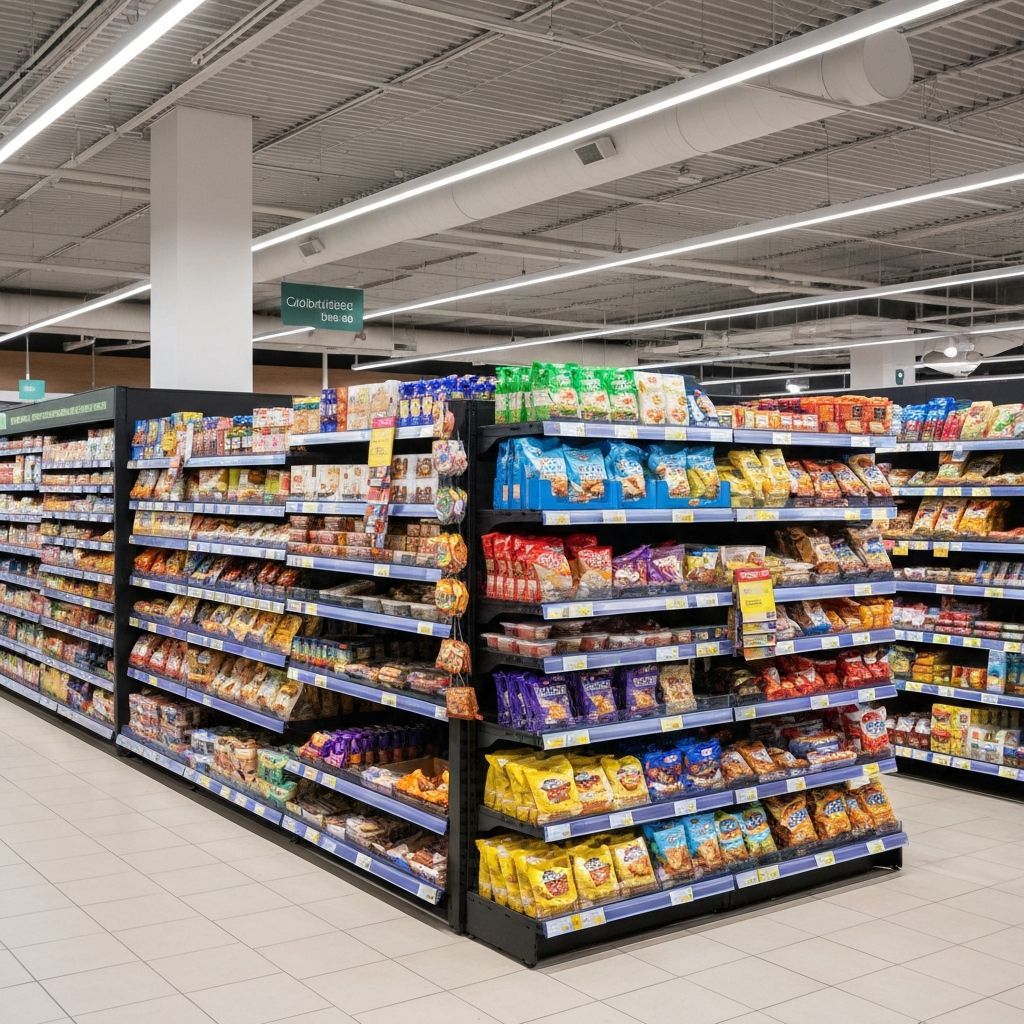 Grocery store aisle with various food products