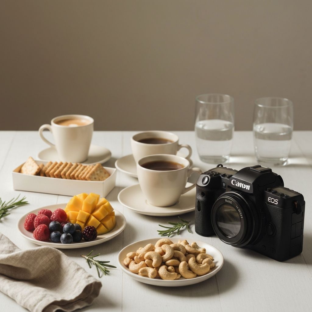 Selection of beverages and light snacks on a table